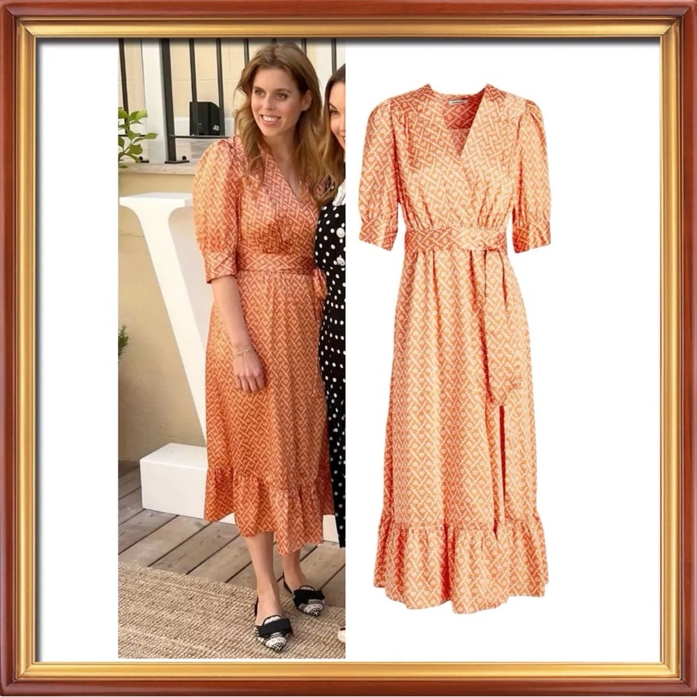NWT SANDRO Enrika Graphic print Satin Wrap Dress In Roses Orange Puff Sleeve 36